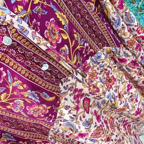 Maroon Multi Color Bohemian Floral Button Neck 3/4 Sleeve Blouse Top w/ Tie - Picture 6 of 11